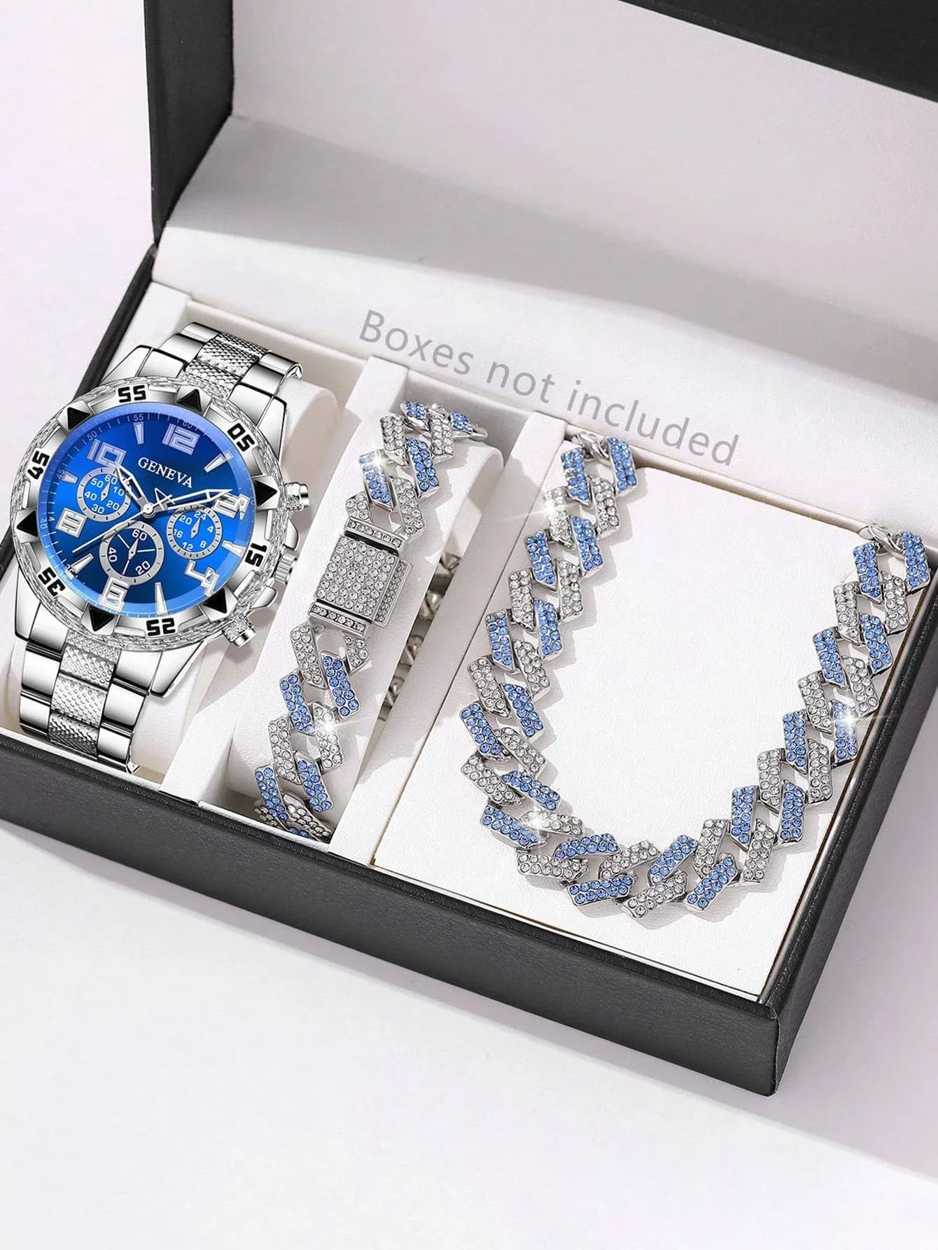 Orologio al quarzo casual da uomo e set di collana con bracciale cubano con diamanti incastonati per uso quotidiano, regalo di compleanno senza scatola