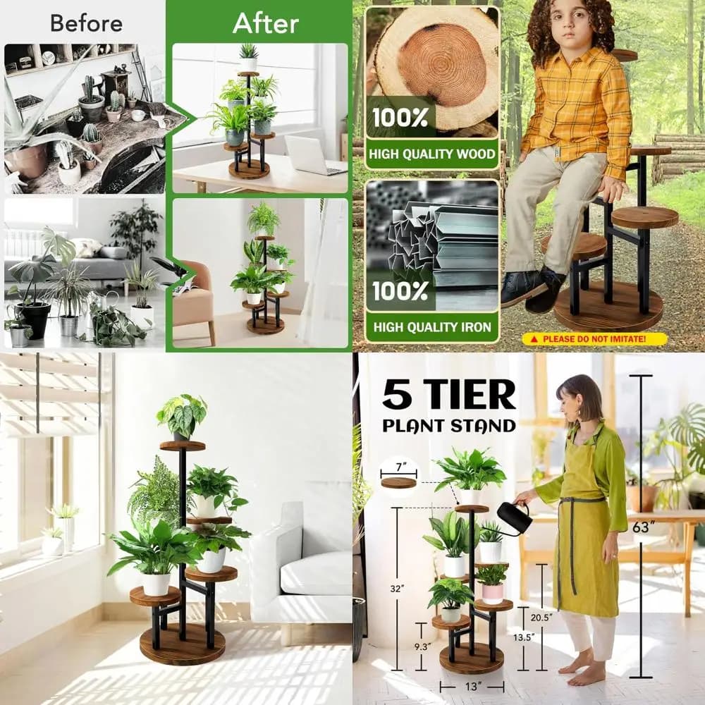 Support for plants with 5 shelves, High Metal Wallet and Wood for Interior and Exterior, Garden Plant Display or Living Room