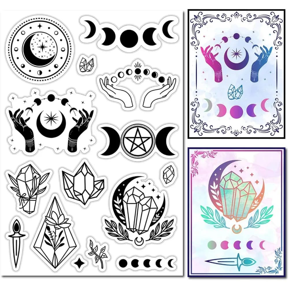 Timbro di gomma di cristallo con fasi lunari Mani magiche Stella Guarnizioni in silicone trasparente trasparente vintage Timbro per kit per la creazione di biglietti di journaling