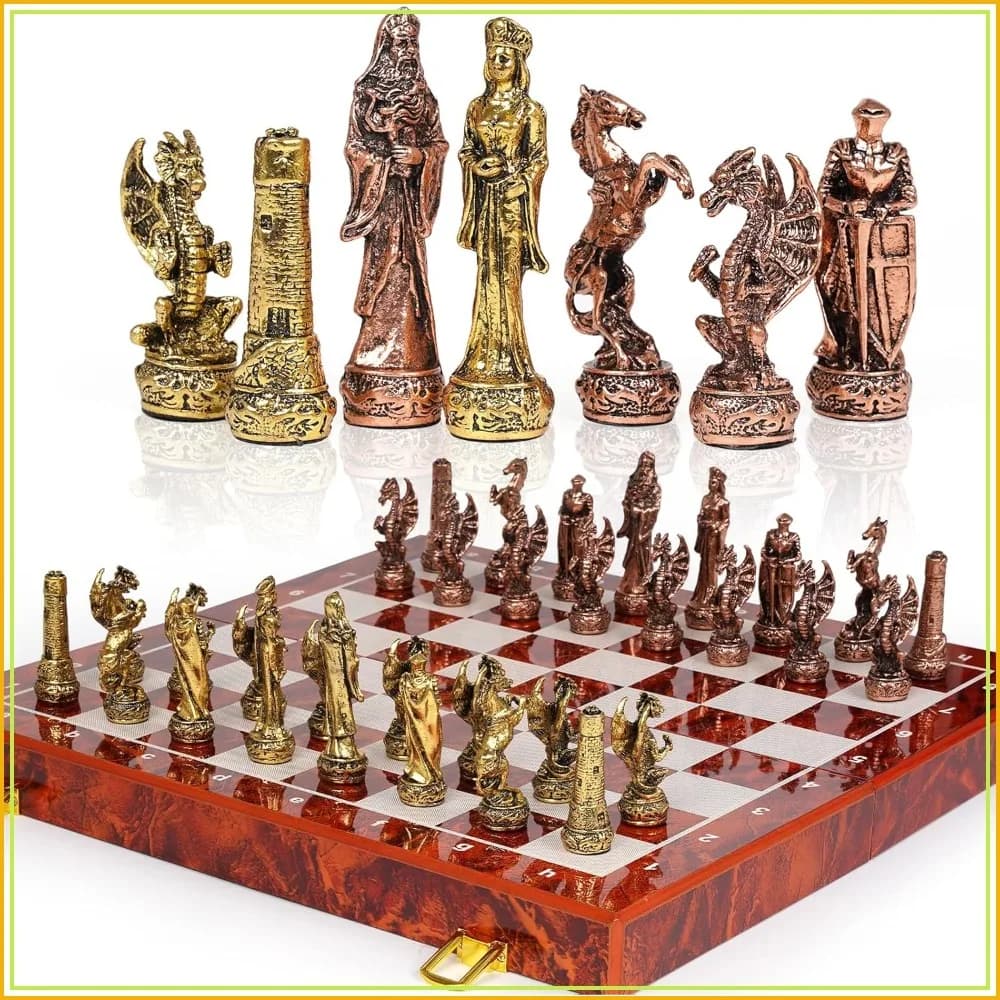Vintage Metal Chess Set - 15'' Wooden Board - Travel Chess Game - Elegant Collectible for Adults