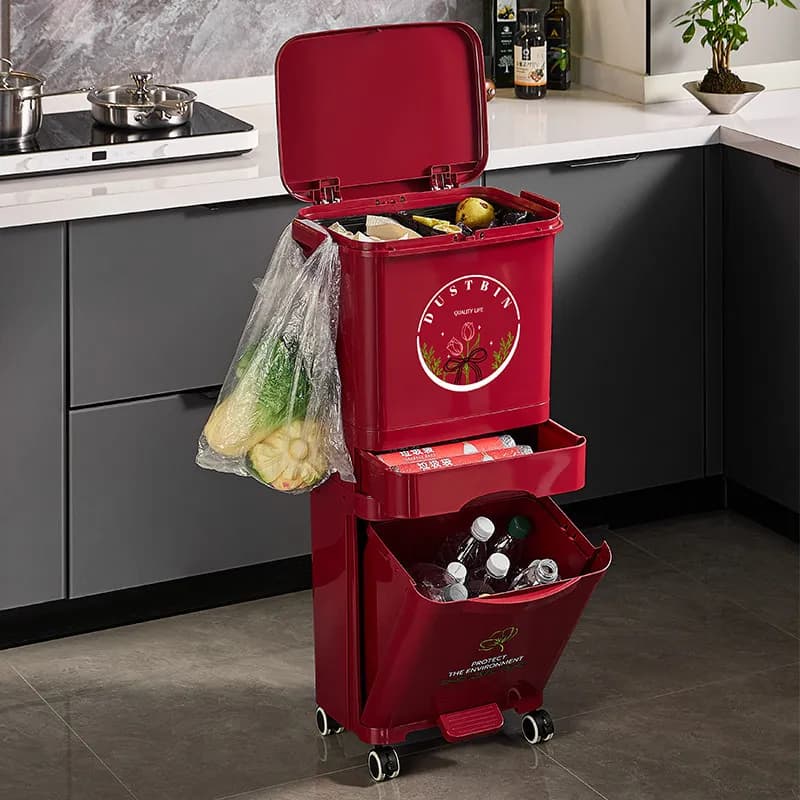 Japanese Multi Layer Kitchen Trash Can,Tall Mobile Rectangular Waste Bin,No Bend Plastic Lid Large Cap,Hanging Dry Wet Separator