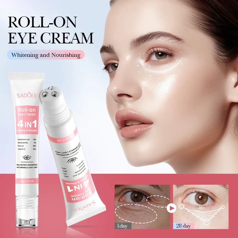 SADOER Crema Contorno Occhi Roll-on 4 in 1, Siero Occhi con Acido Ialuronico, Niacinamide, Vitamina C e Retinolo, Anti-Rughe, Rassodante, Illuminante, Anti-Occhiaie