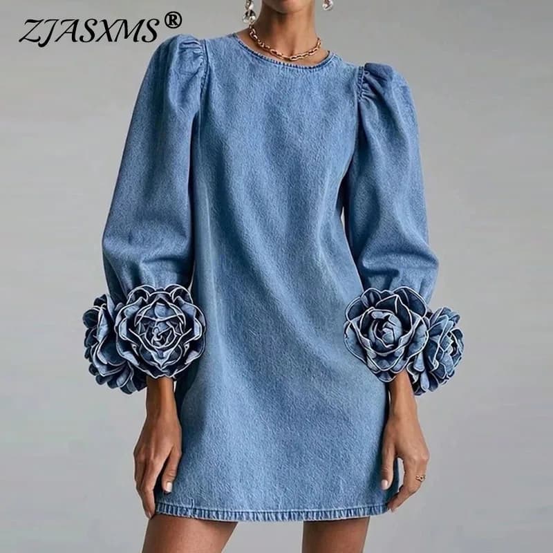 Loose Solid Mini Dress Woman Round Neck Puff Long Sleeve 3D Floral Applique Cuff Dress Fashion Party Casual Street Short Dresses