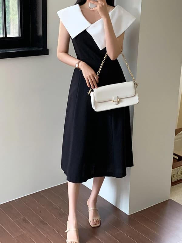 Korean Style Vintage Large Collar Dress Women's Summer Fashion Design High Waist Slim A-Line Skirt Commute High Waist V-Neck ...