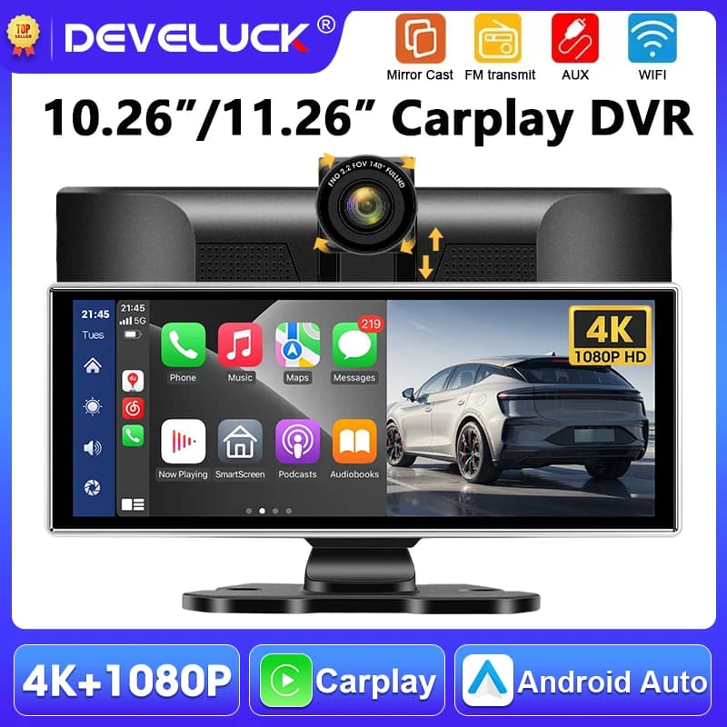Dash Cam per Auto 1026"/11.26" 4K con Bluetooth, Carplay e Android Auto Wireless, Navigazione GPS, Registratore Video, Doppia Lente, Wifi, FM, AUX