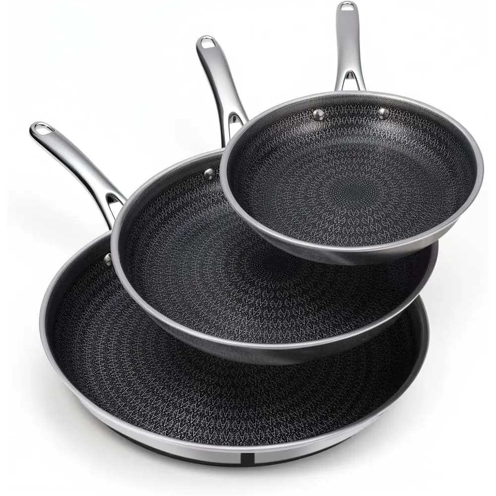 Set di Padelle in Acciaio Inox Tri-Ply, 8-11 Pezzi, Antiaderenti, Lavabili in Lavastoviglie, Compatibili con Induzione, Interno Nero