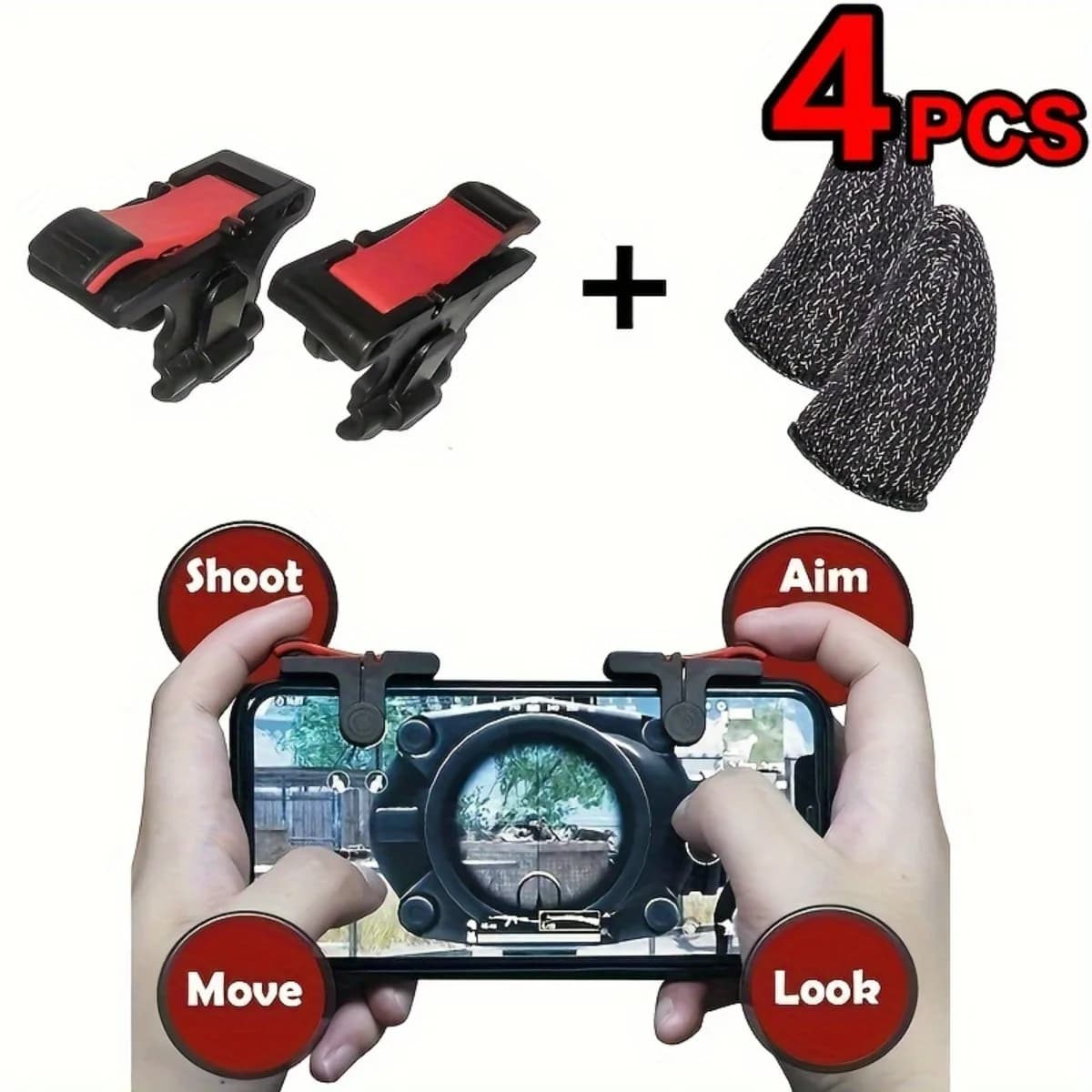 Kit completo di accessori per il gaming mobile, composto da 2 pratici grilletti di gioco a doppia testa e 4 comodi guanti per le dita da gaming, design con controllo touch sensibile, risposta rapida ai colpi, sensazione ergonomica sulle mani, set di controller da gaming portatile perfetto.