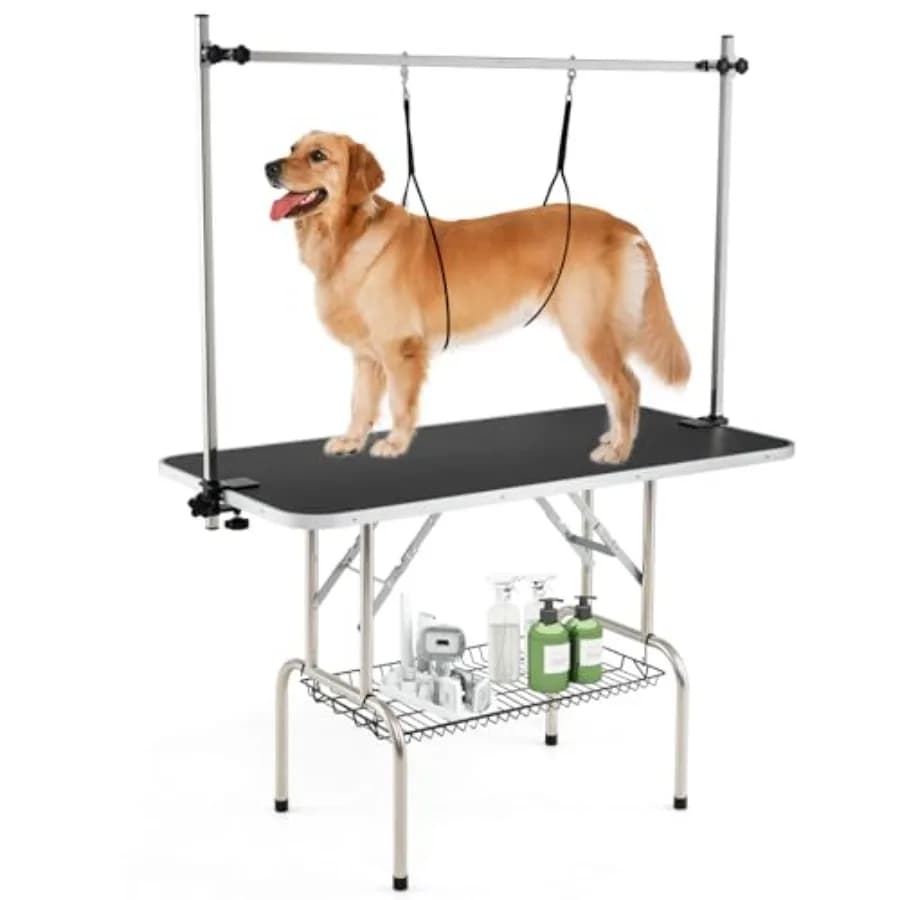 Tavolo da Toelettatura per Cani da 47'' con Braccio Regolabile e 2 Anelli, Stazione Pieghevole per Toelettatura Animali con Superficie Antiscivolo Impermeabile in Rete