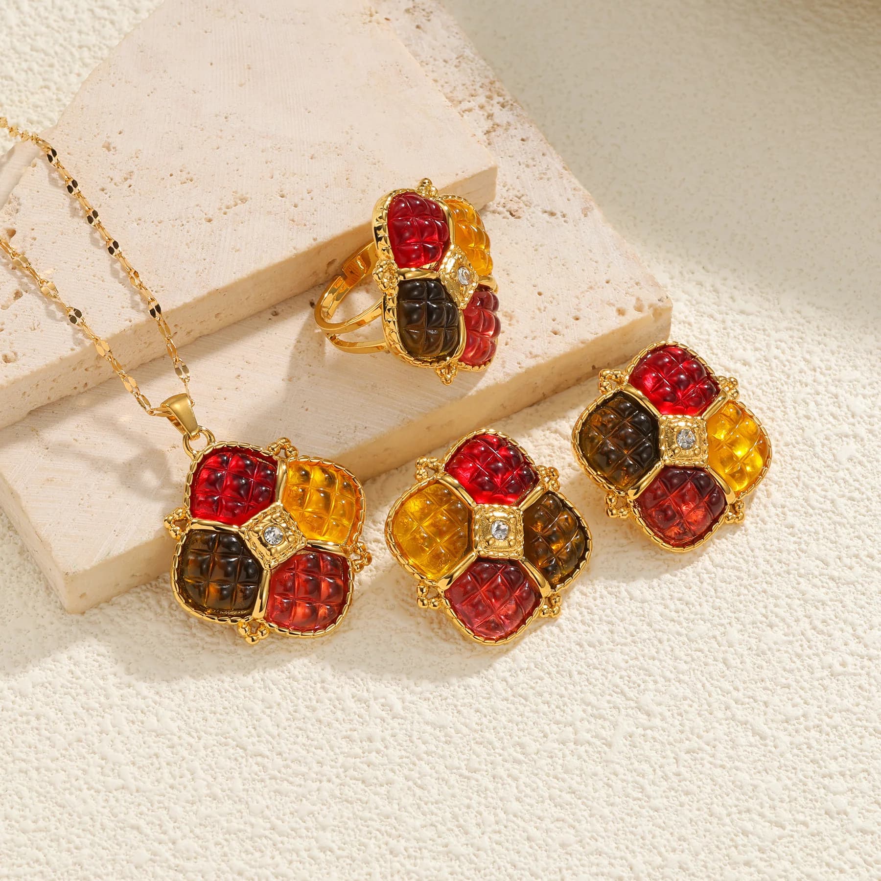 Kissmoon Candy Colors Geometria Quadrato Collana in acciaio Stianless Orecchini Anello per le donne Set di gioielli alla moda quotidiani per feste di moda
