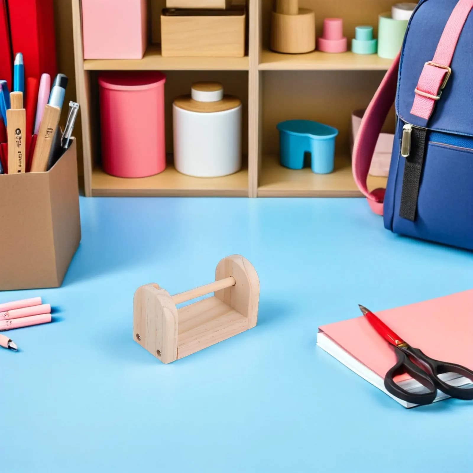 Dispenser per Nastro Adesivo in Legno, Porta Rotoli Multipli, Organizzatore per Nastro Mascherante, per Bambini, Aula, Ufficio, Scrivania, Dispenser per Adesivi