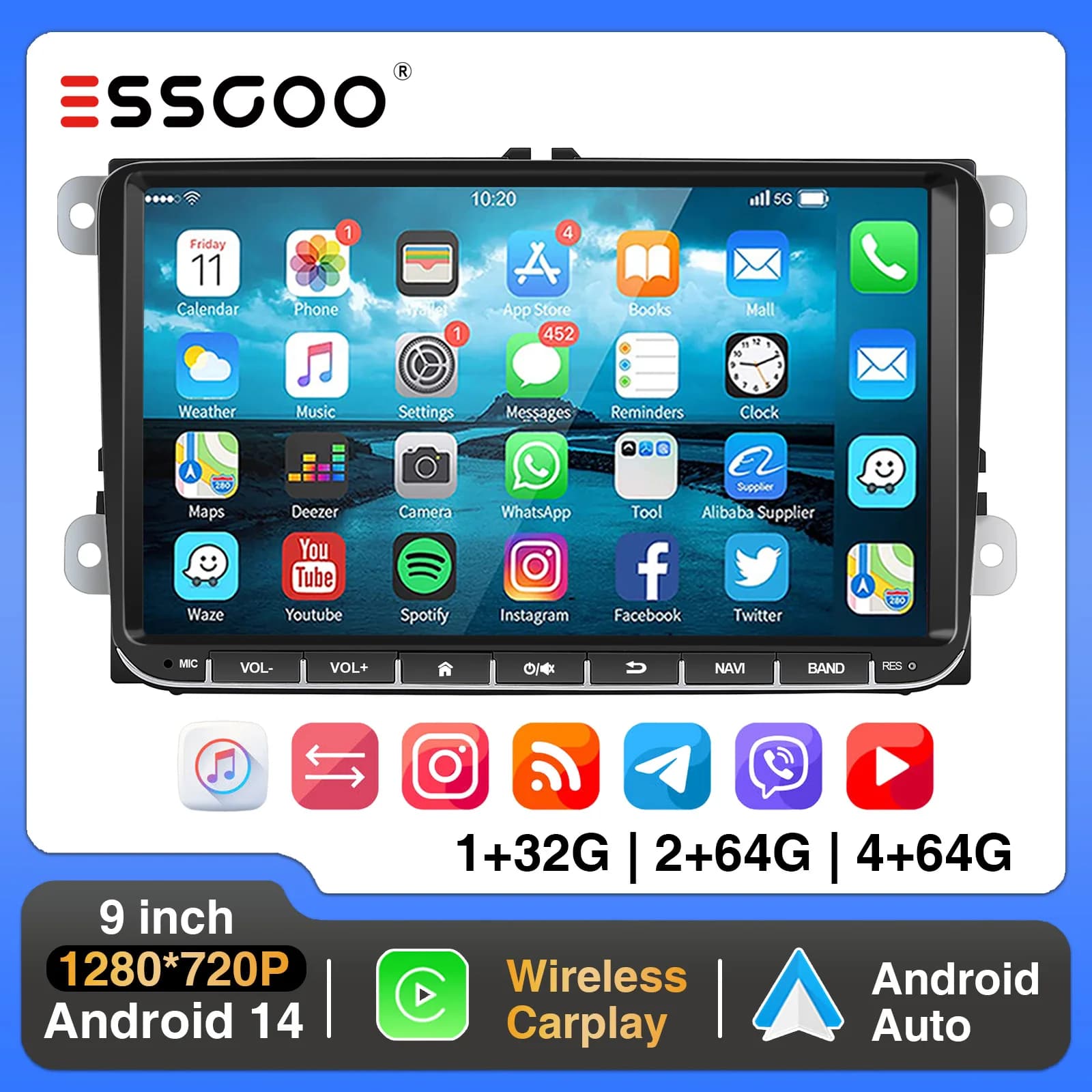 ESSGOO 9" Android 14 4+64G Autoradio Wireless CarPlay per VW Golf 5/6 Passat B6/B7 Polo Touran Tiguan Caddy GPS Navigazione Satellitare WIFI RDS FM BT EQ SWC USB Sistema Intelligente
