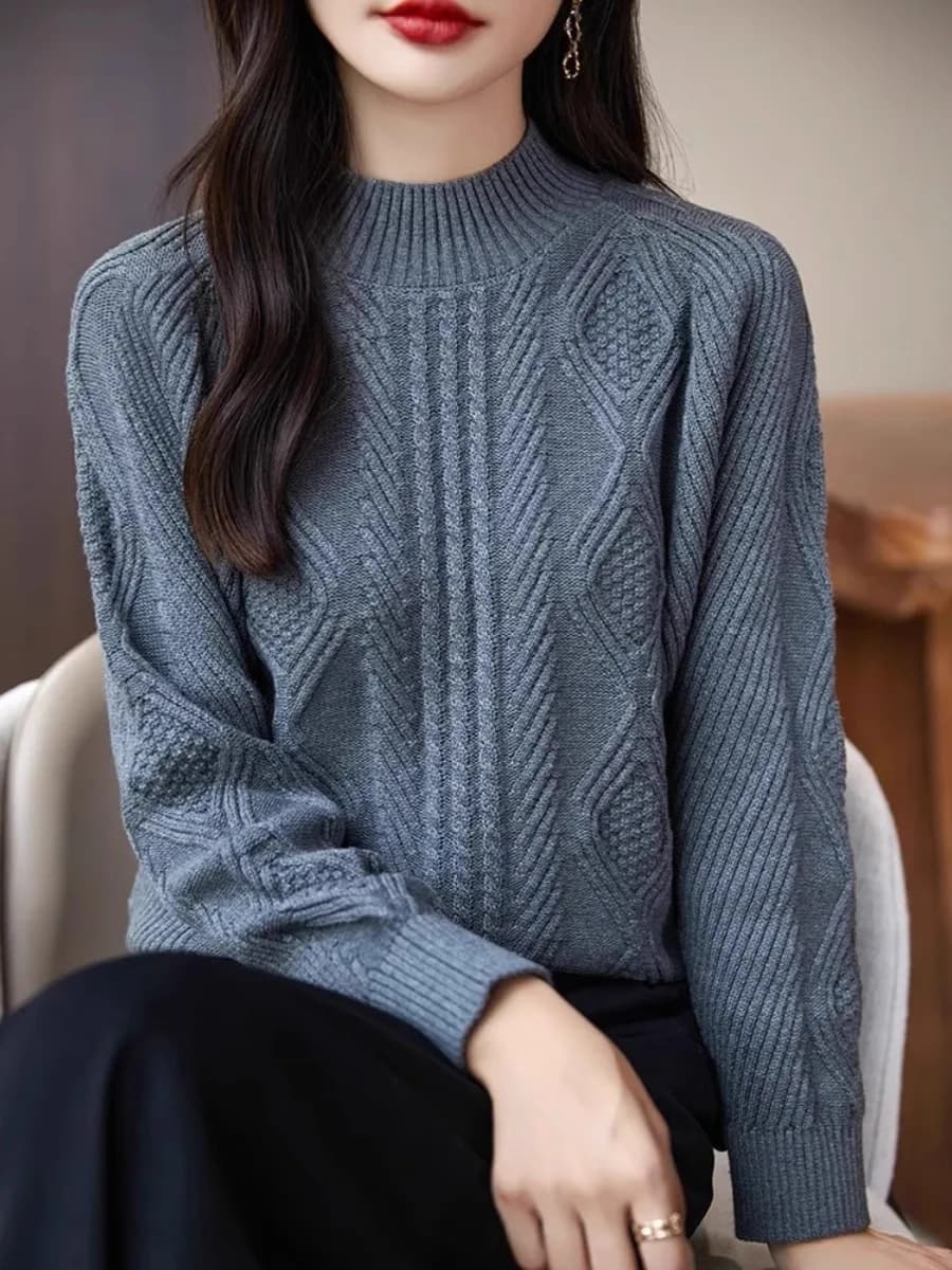 Maglione in Cotone Puro a Doppia Annodatura con Sette Aghi, Collo Semi-Alto alla Moda per Donna, Maglia Base Autunno Inverno