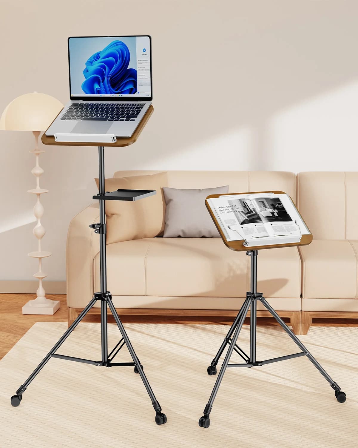Oatsbasf Supporto da pavimento per treppiede portatile per laptop Supporto da lettura per proiettore regolabile da 32-57 pollici in altezza con vassoio ruote mobile per ufficio