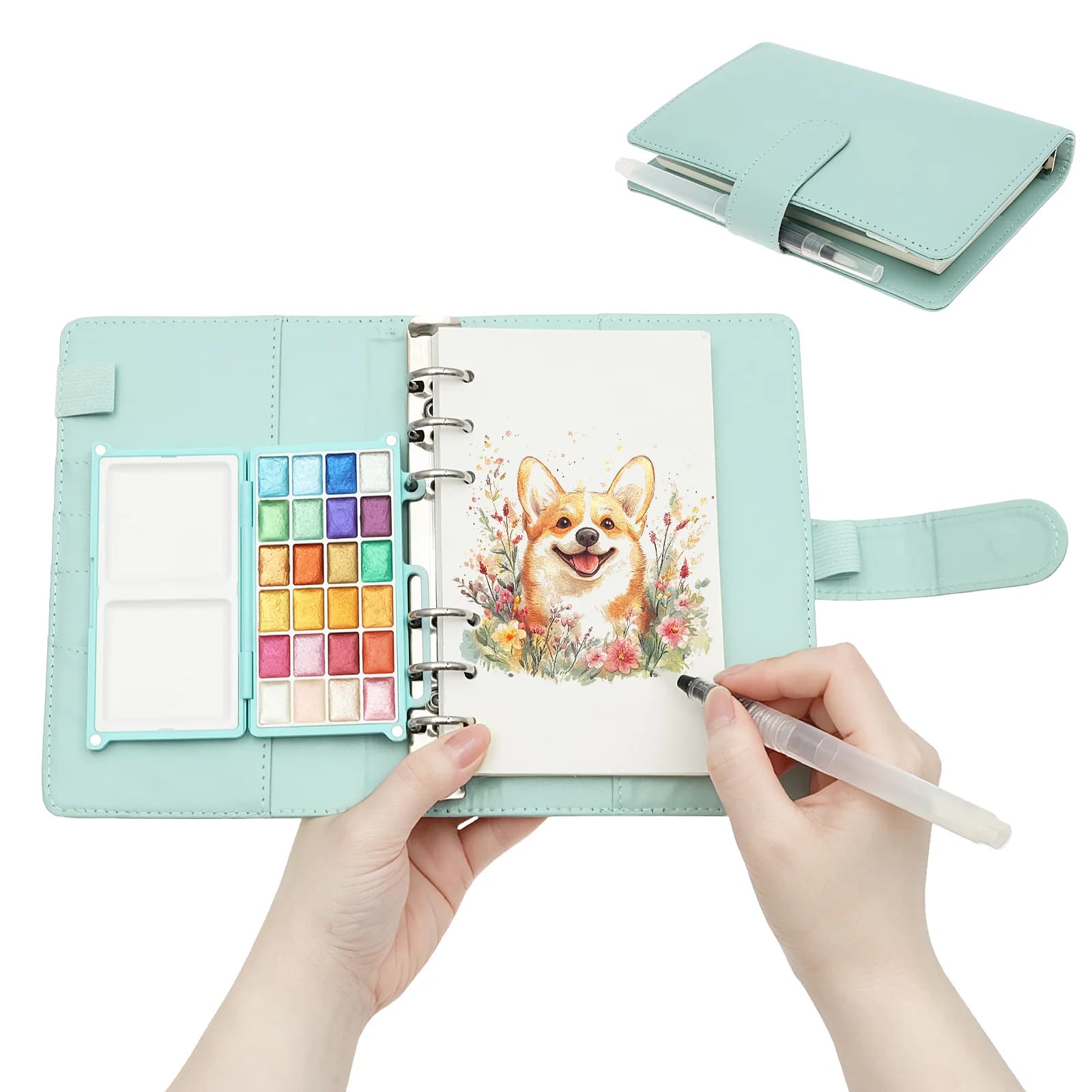 1 Pc Mini Travel Watercolor Sketchbook Set 24Colors Portable Travel Plastic Painting Boxes PU Leather Cover Watercolor Paint Set