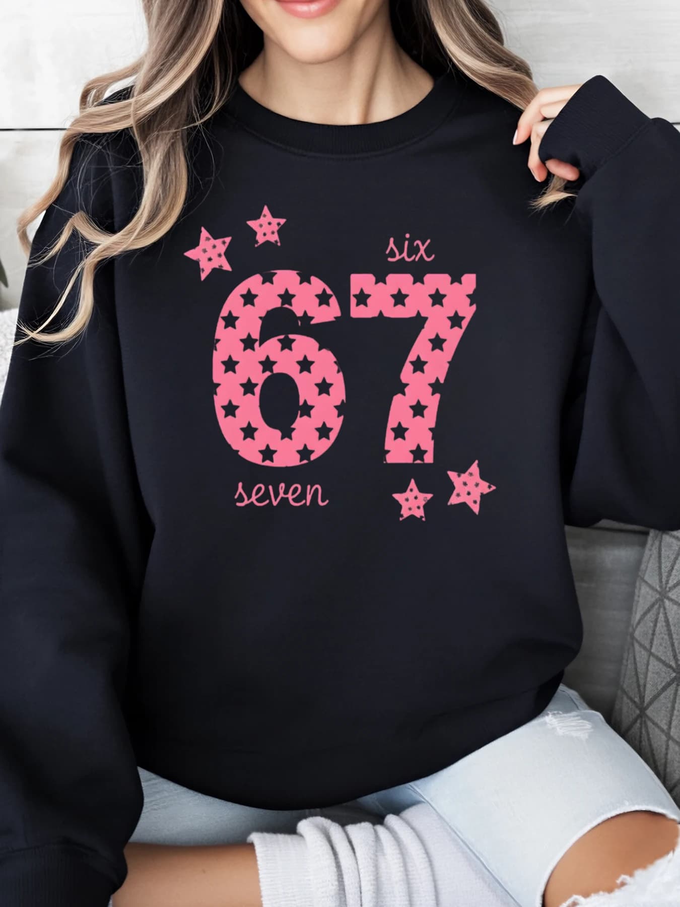 Christmas sweatshirt with print of six and seven numbers with star pattern Women casual clothing Gift for holidays Black Strong cuts