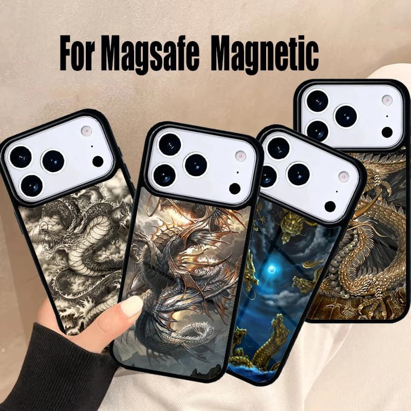 Custodia Morbida per iPhone con Drago Cinese Asiatico per iPhone 17 Air 16e 15 14 13 12 11 Pro Max Plus, Cover Magnetica Wireless Magsafe