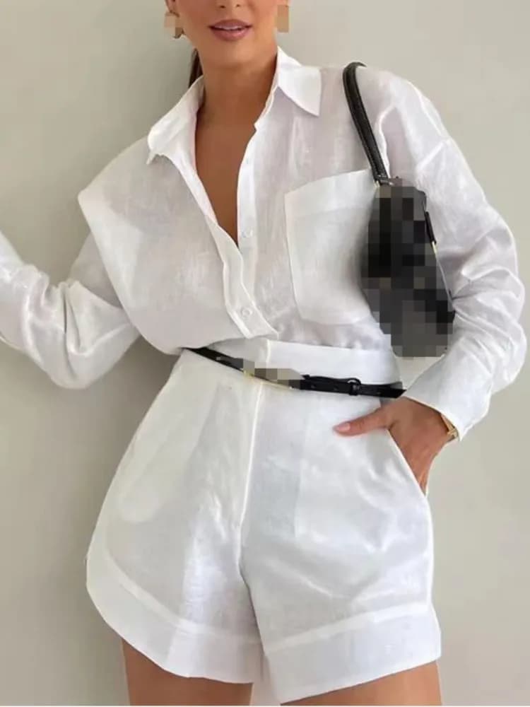 Completi da donna semplici e casual estivi Tasche con bottoni Camicia con risvolto Pantaloni corti Maniche lunghe Set da 2 pezzi Set di camicette solide per le vacanze