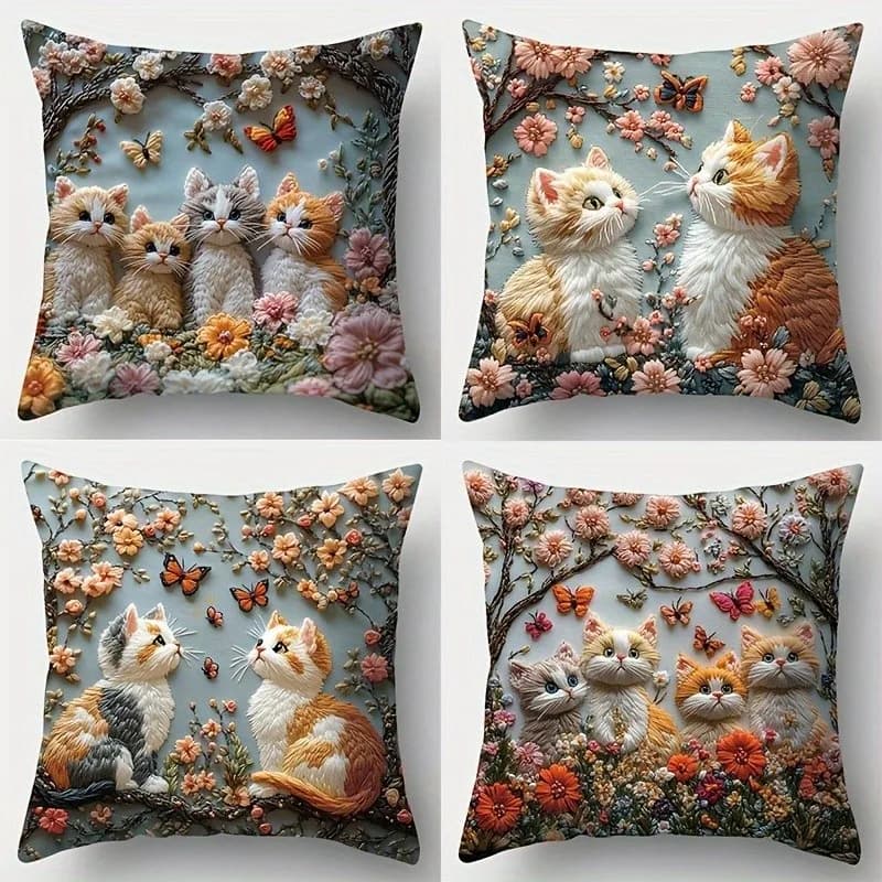 Cute Kittens & Flowers With Butterflies Pillow Pattern Cushion Cover Suitable For Sofa Bedroom Car Pillow Cover