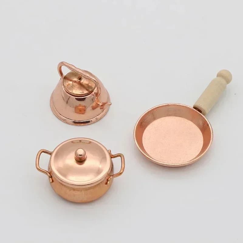 3Pcs 1:12 Dollhouse Miniature Bronze Cookware Set Frying Pan Pot Kettle Kitchen Cooking Accessories For Doll House Decoration