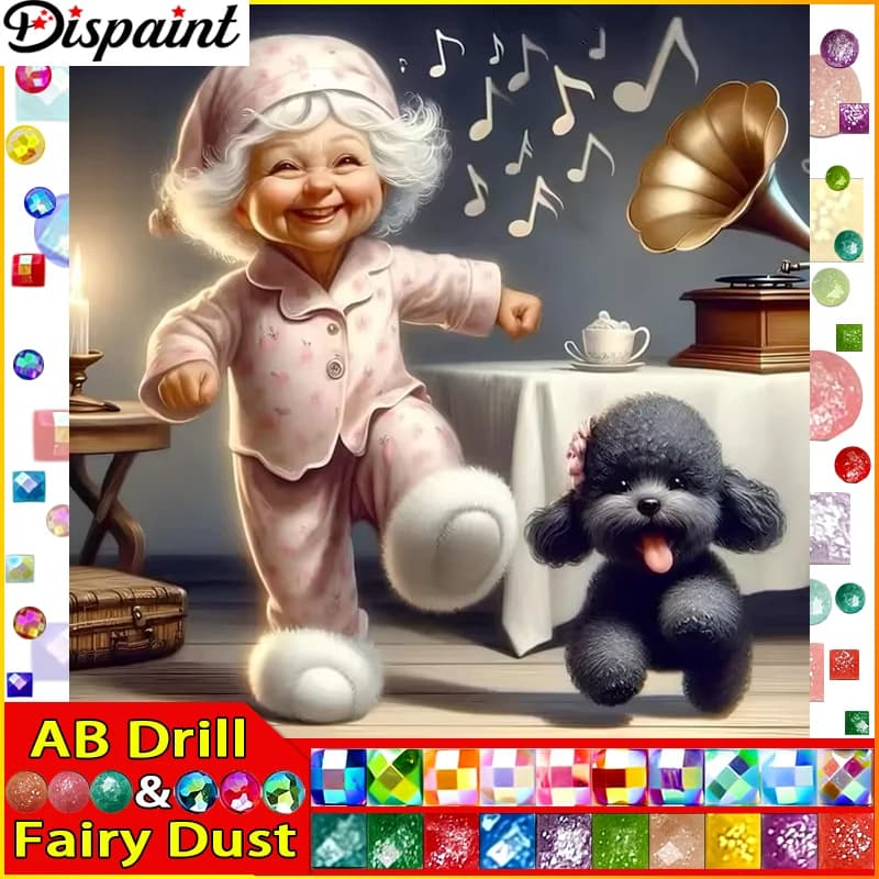 Dispaint Fairy Dust AB Trapano quadrato/rotondo Pittura diamante 5D fai da te "Granny Dog ​ ​ Ricamo musicale" punto croce con strass completo