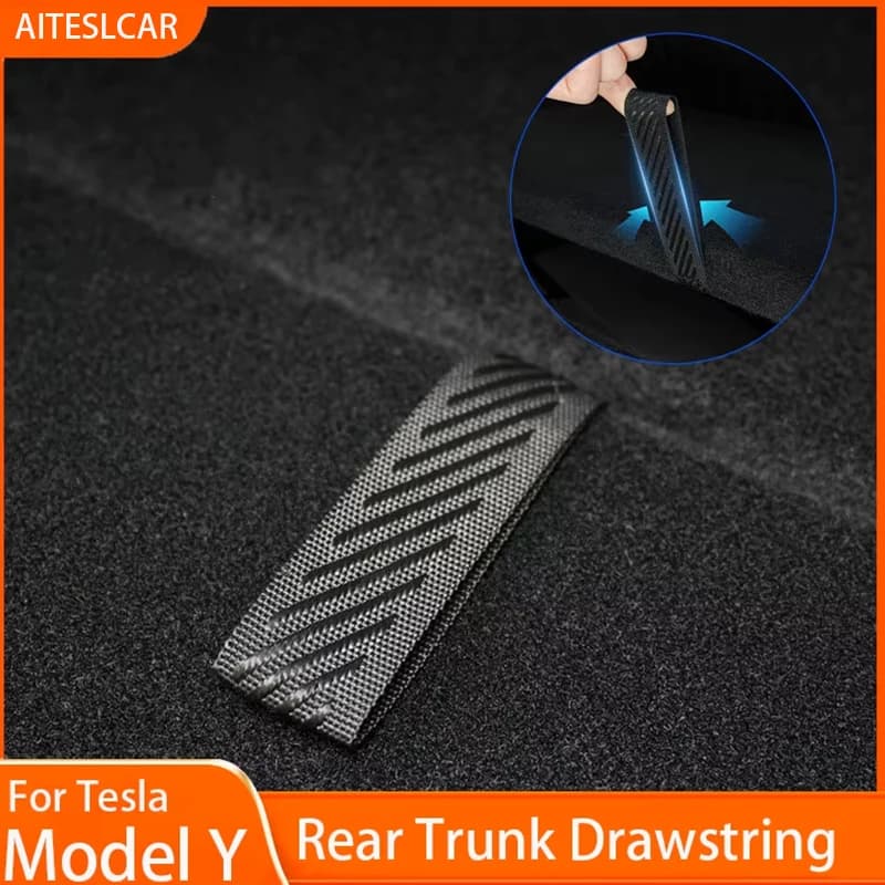 For Tesla Model Y Rear Trunk Rope DrawString Open Tail Box Cover Handle Pull Strap Car Organizer Accessories Mat Protection Pad
