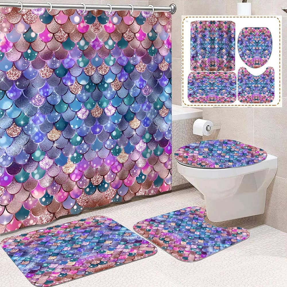 Tenda da doccia impermeabile stampata in scala viola rosa romantica da 4 pezzi con 12 ganci e tappetini da bagno