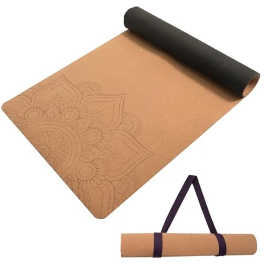 Tappetino Yoga in Sughero Antiscivolo, Resistente al Sudore e agli Odori, con Cinghia di Trasporto per Hot Yoga, Pilates, Esercizi a Terra e Fitness