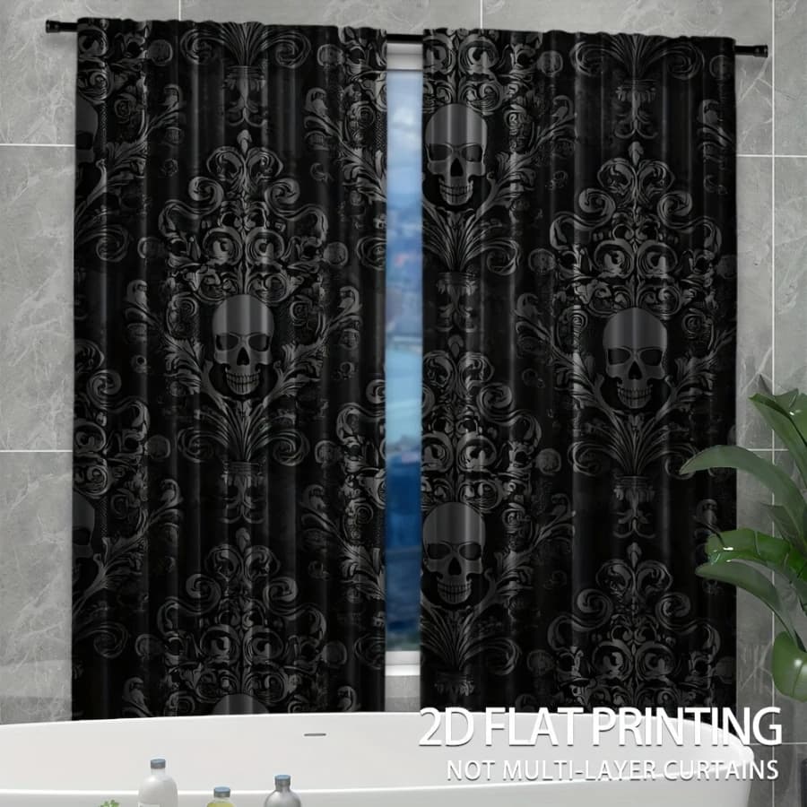 2PCS Digital Printed Curtains, Skull Skeleton Pattern, Thermal Insulated Style Rod Pocket Drapes for Bedroom Living Room Decor
