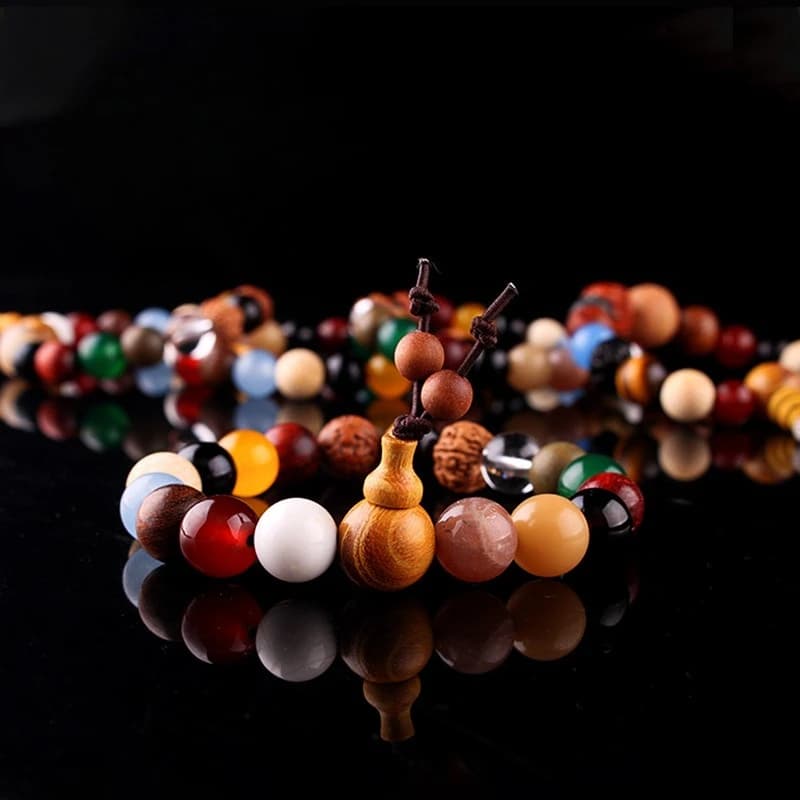 Bracelet with 18 Bodhi Seeds Beads, Bodhi Multi-Fabric Flower Wire with Chalcedon and Agate, Unisex Friendship Buddha for Students