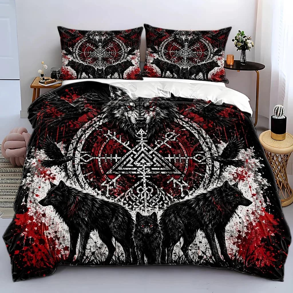 3Pc Nordic Viking Wolf Totem Duvet Cover Set, Three-Piece Bedding Set (1 Duvet Cover + 2 Pillowcases), Suitable for All Seasons, Machine Washable, Invisible Zipper Design, Large Double Bed Cover, Suitable for Home, Dormitory, Master Bedroom, Guest Room, Dark Style Wolf and Raven Print Bedding Set, Retro Mysterious Style Bedding Set, Cross-Border Hot-Selling Bedroom Bedding, Personalized Trendy Bedding Set