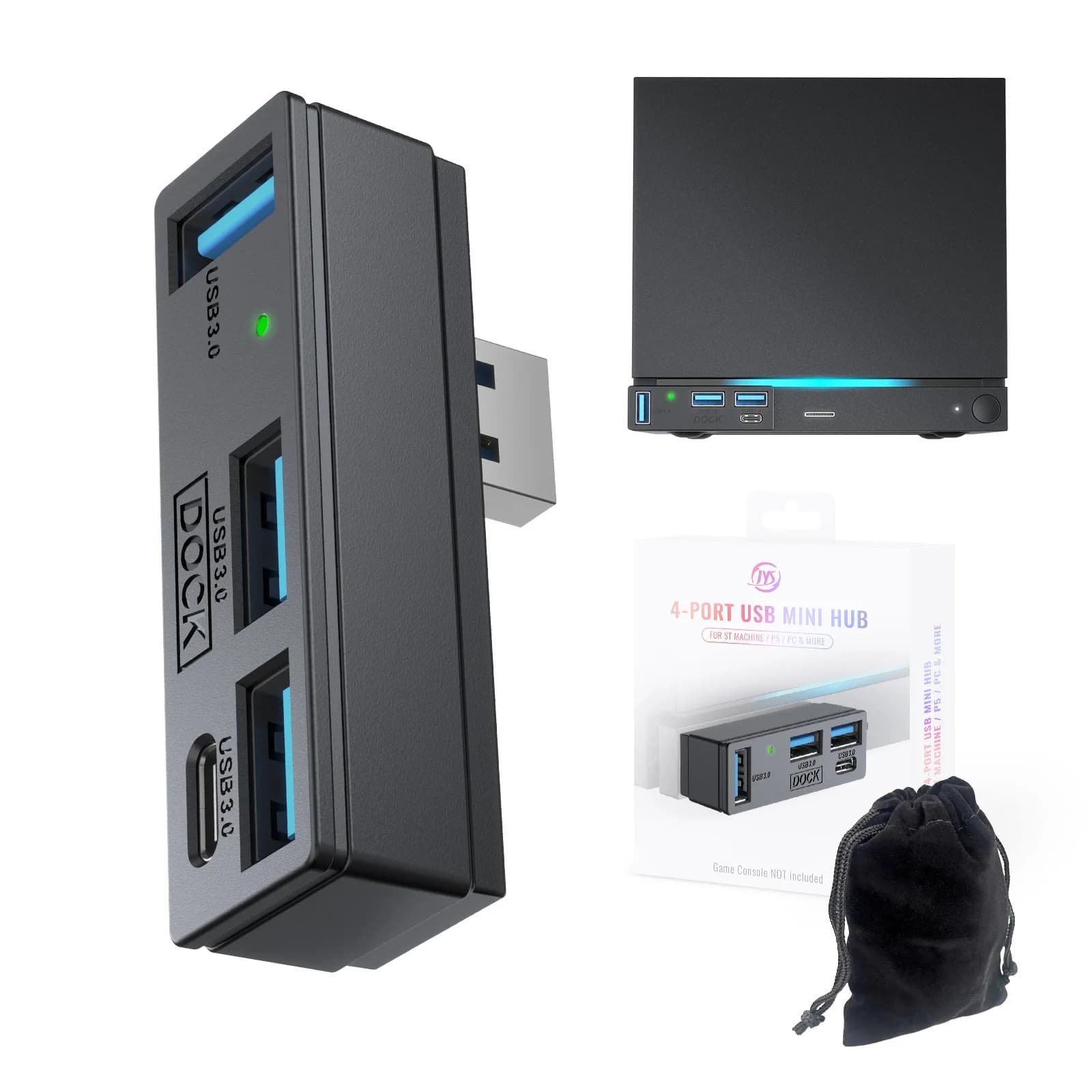 4 in 1 USB 3.0 Hub for Steam Machine PlayStation 5 PC Multi Port Docking Station USB Hub Expander Dock with Indicator & Pouch
