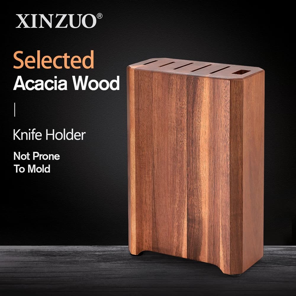 XINZUO Portacoltelli multifunzionale Blocco coltelli in legno di acacia Design a sei slot Accessori da cucina Strumenti