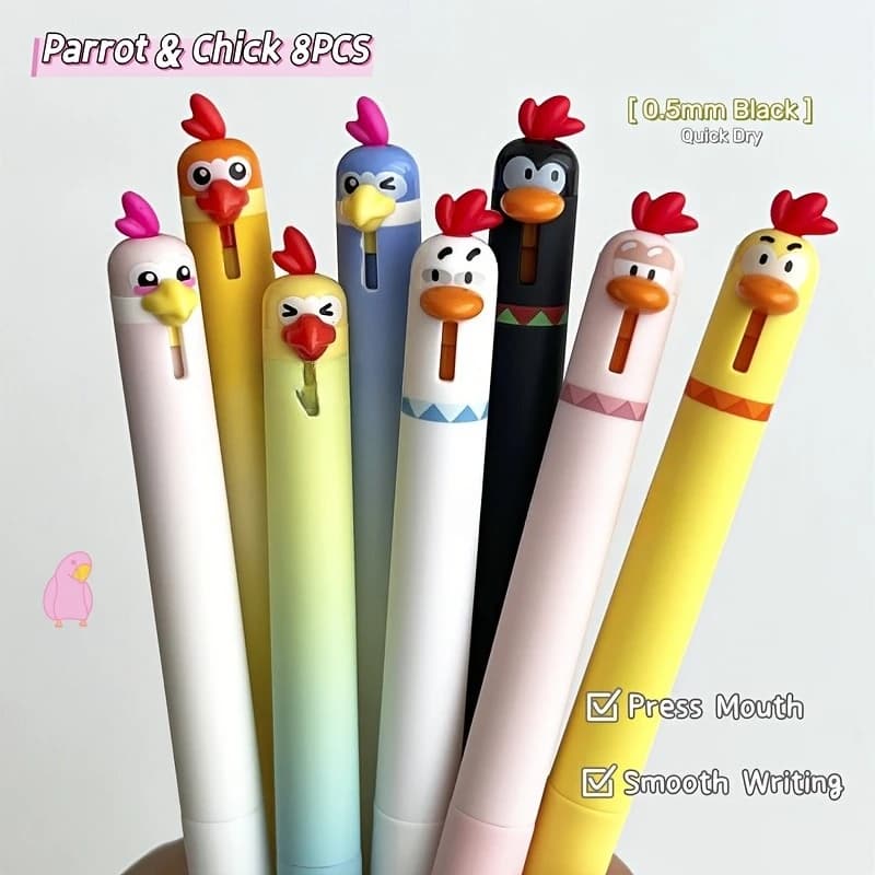 8 penne gel per pappagalli e pollo, design divertente, cancelleria, accessori per desktop da ufficio, penna creativa per scrittura di animali, penna nera da 0,5 mm