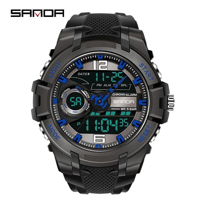SANDA 6015 Sport Quartz Watch for Men LED Dual Display Electronic Digital Mens Wristwatches Waterproof Military Shockproof Clock