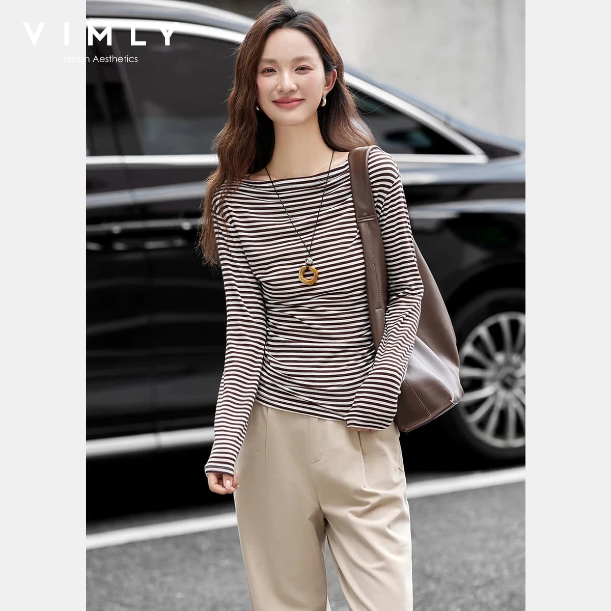 VIMLY T-shirt Vintage a Righe da Donna Autunno 2026 Casual con Scollo a Barca, Top a Maniche Lunghe Slim Fit da Ufficio, Magliette Femminili A3039