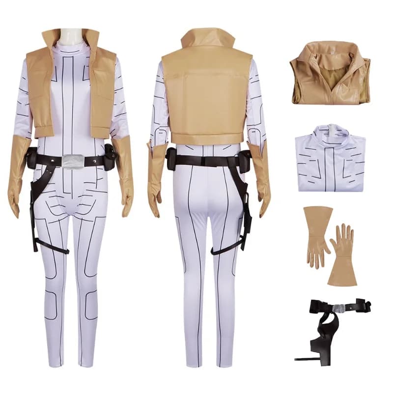Abito da principessa Leia Costume Cosplay per donna Tuta Abiti da battaglia Guanti Gioco di ruolo per adulti Costumi di carnevale di Halloween