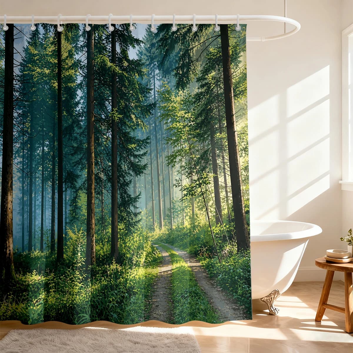 Waterproof shower curtain with a small path in the forest, sunshine,complete with a hook, and can be machine-washed