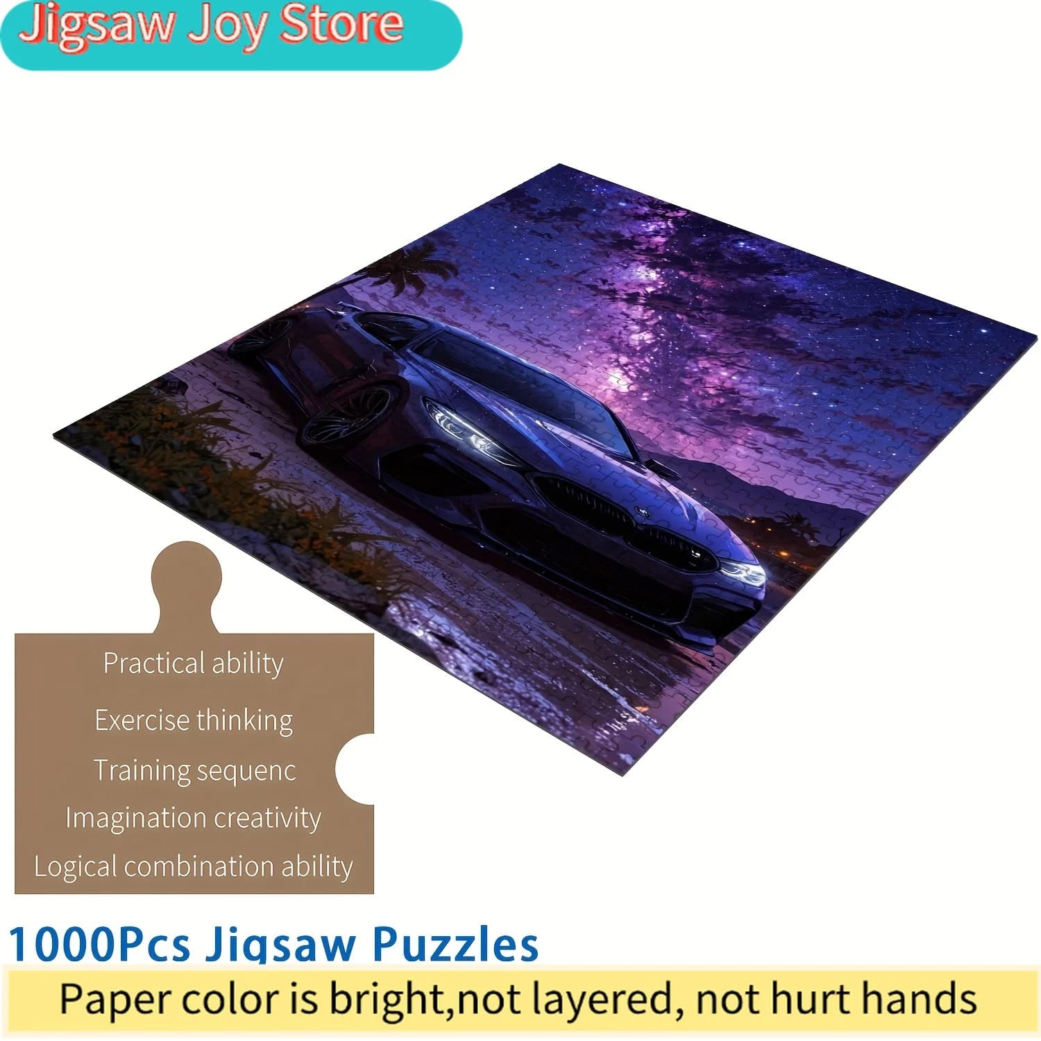 Puzzle con auto sportive e cielo notturno stellato per famiglie - Rompicapo in legno di alta qualità con sfida di livello intermedio, portatile
