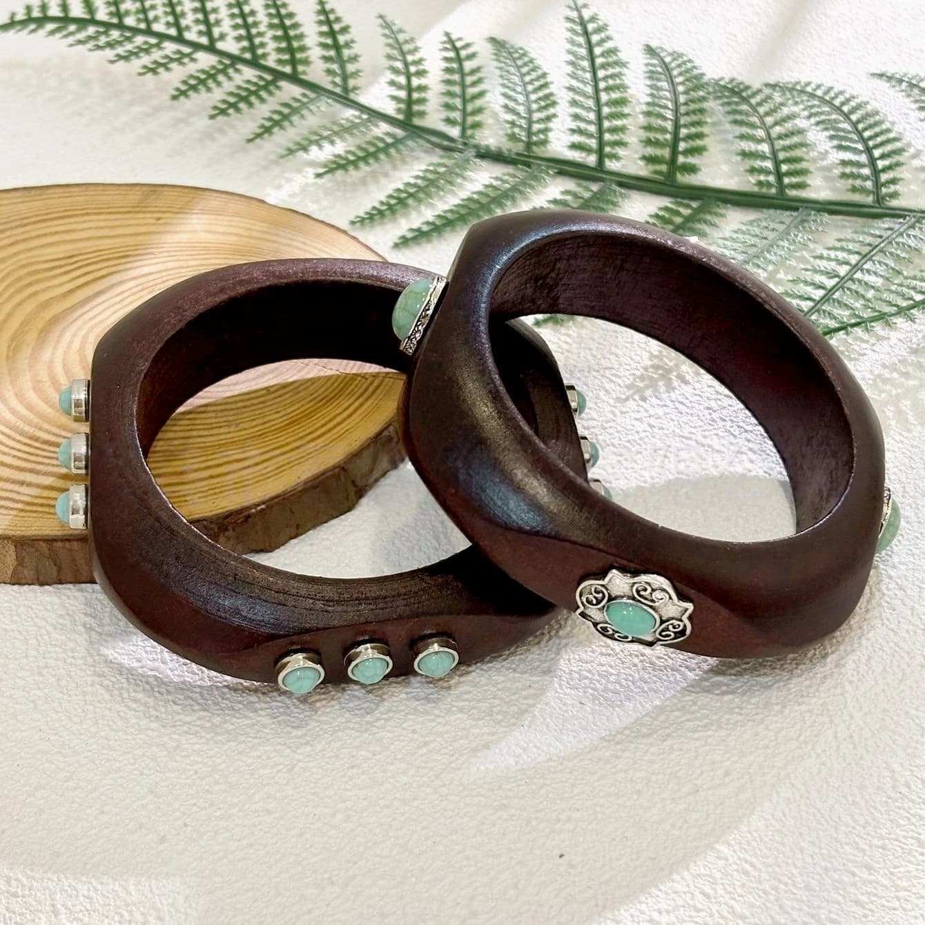 Punk Irregular Wood Bangles Jewelry Hyperbole Geometric Inlaid Imitation Turquoise Bracelets for Women Fashion Pulseras