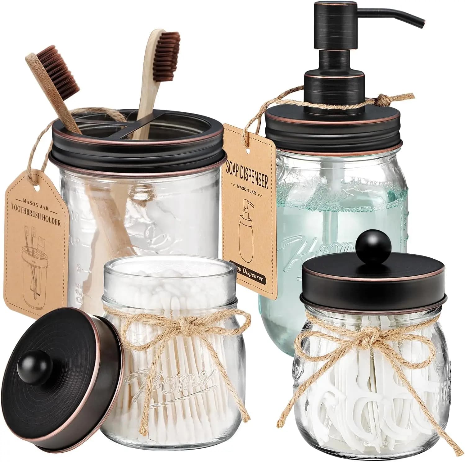 Set da Bagno Rustico 4 Pezzi: Dispenser Sapone, Porta Spazzolino e 2 Porta Q-Tip - Decorazione Stile Fattoria in Bronzo Oliato
