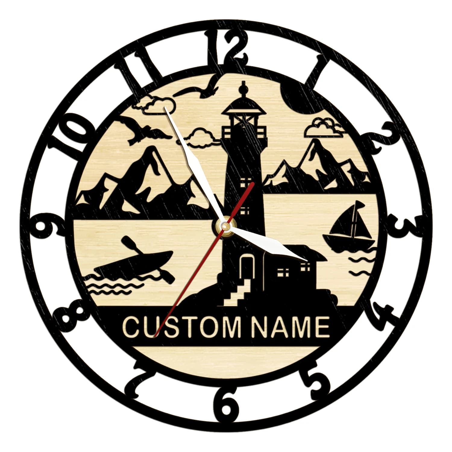 Wall Clock in Laser Engraved Wood with Lighthouse and Sea Scene, Custom name, Home Coastal Decoration, Double Layer Wall Clock