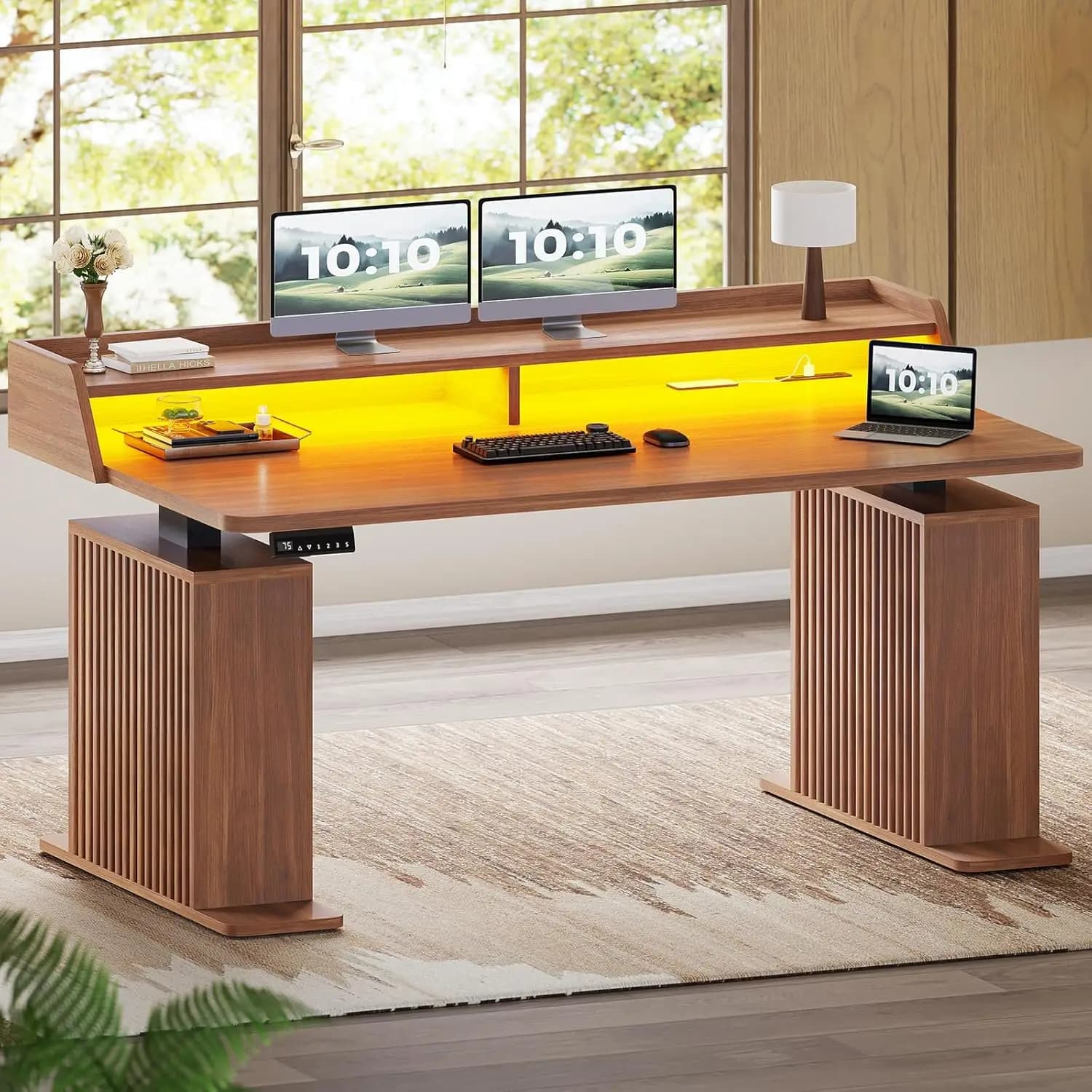 Scrivania regolabile in altezza con spazio contenitivo, scrivania verticale scanalata da 55 pollici con prese di corrente e luci LED, tavolo regolabile in altezza, personalizzabile