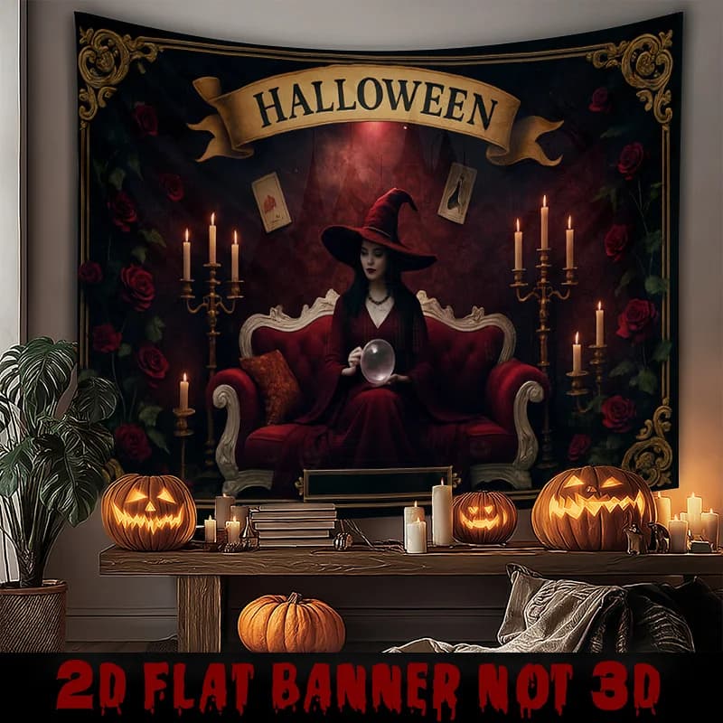 Gothic Witch Tapestry Wall Decor for Indoor Halloween Party, Spooky Carnival, Creepy Wall Hanging