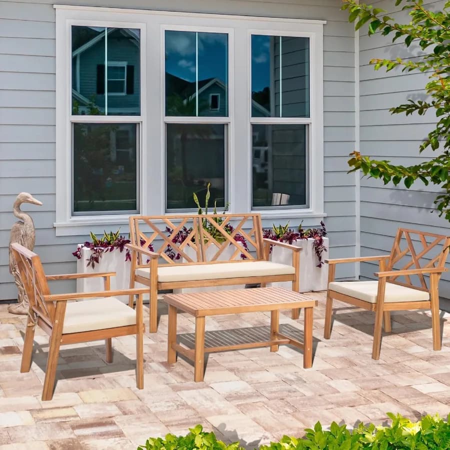 Set di mobili da giardino per esterni Panca per divano da patio da 4 pezzi e 2 divani singoli con cuscini imbottiti da tavolo Pa da esterno in legno di acacia