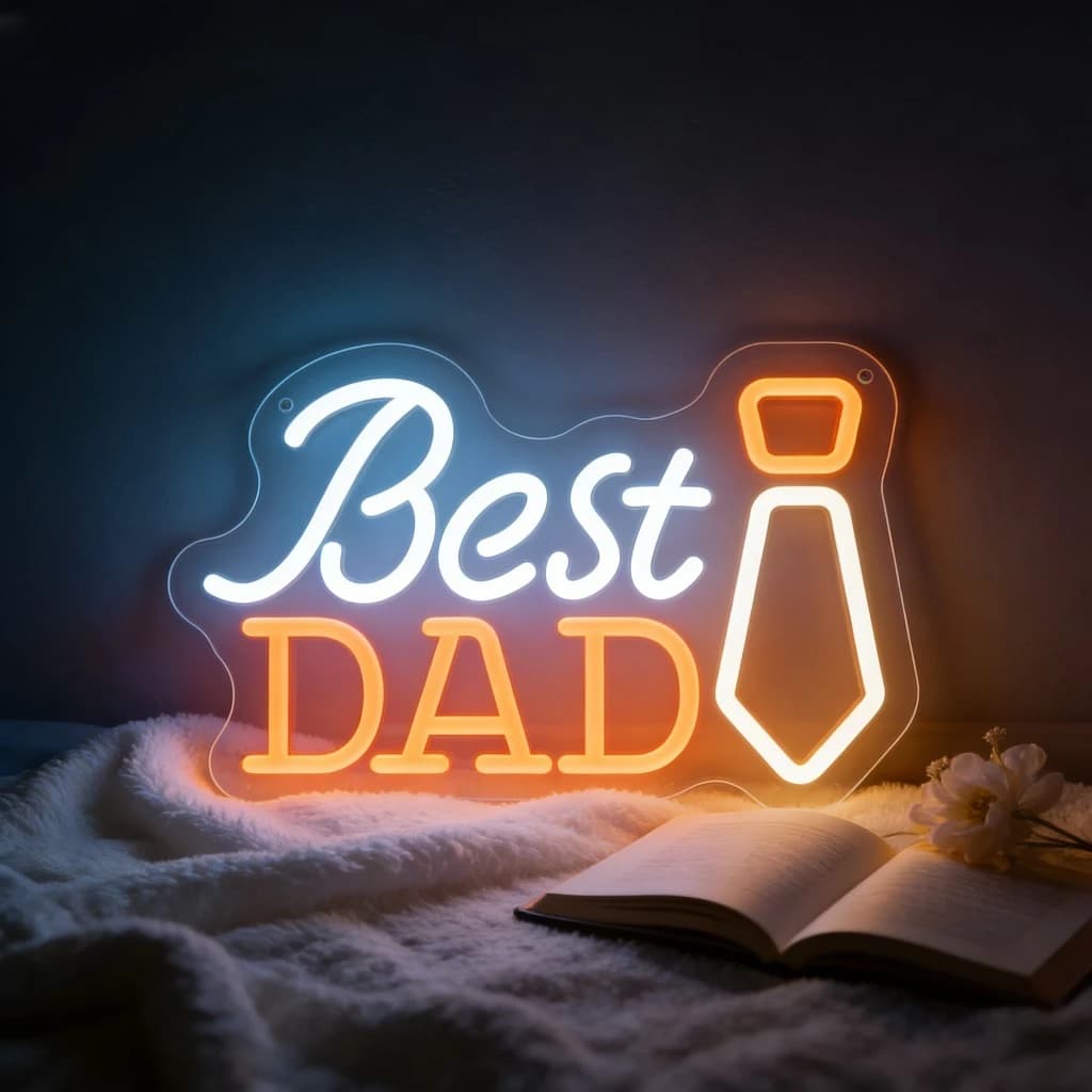 Insegna al Neon LED USB Dimmerabile 'Miglior Papà' con Luce Bianca e Arancione per Regalo Festa del Papà, Decorazione per Ufficio, Man Cave, Garage