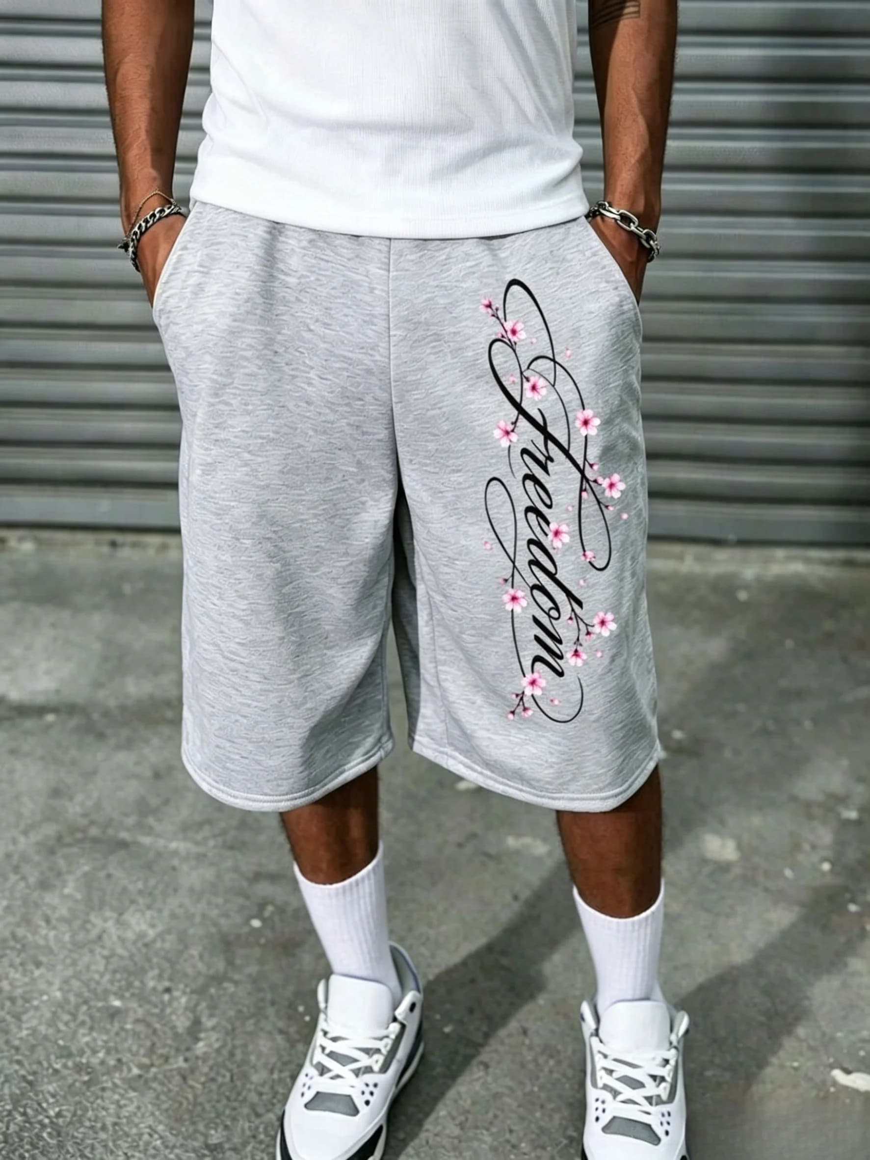 Men's street style cherry blossom print casual pants, suitable for outdoor music festivals and everyday wear mens shorts