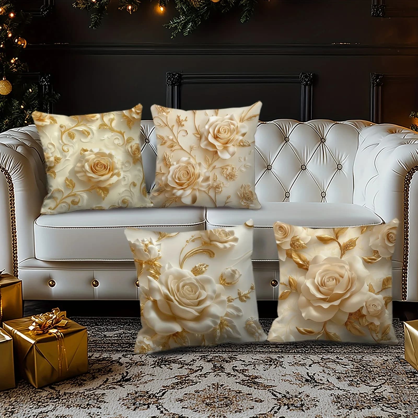 Golden cream pink pillow: luxury floral pillow lining with 3D effect for home sofa furniture