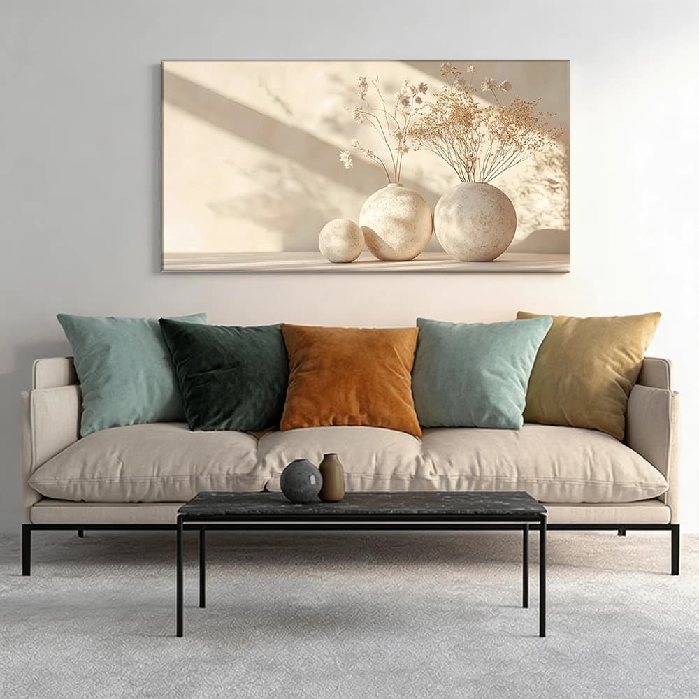 Painted on canvas with large solid wood frame, 1 ceramic vase with dried flowers.