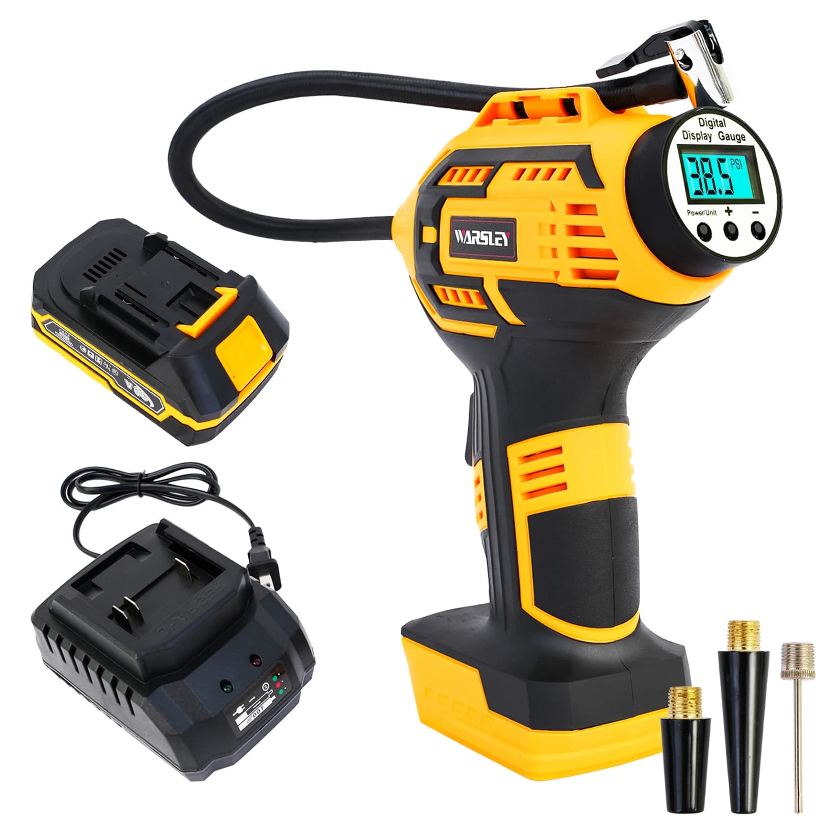 Compressore d'aria portatile 20V per pneumatici auto con adattatore 12V, display digitale e custodia rigida per auto e moto BT