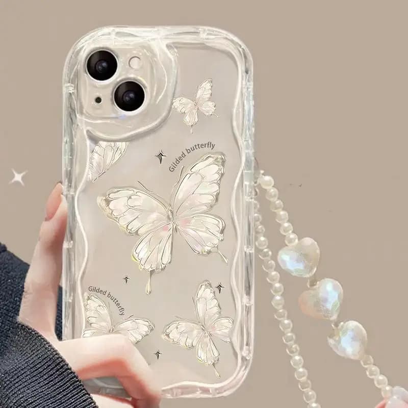 Custodia per telefono moda farfalla per Iphone 17 Air 15 16 Pro Max 16e 14 Plus 11 12 13 Pro Max Mini Cover con catena braccialetto cuore